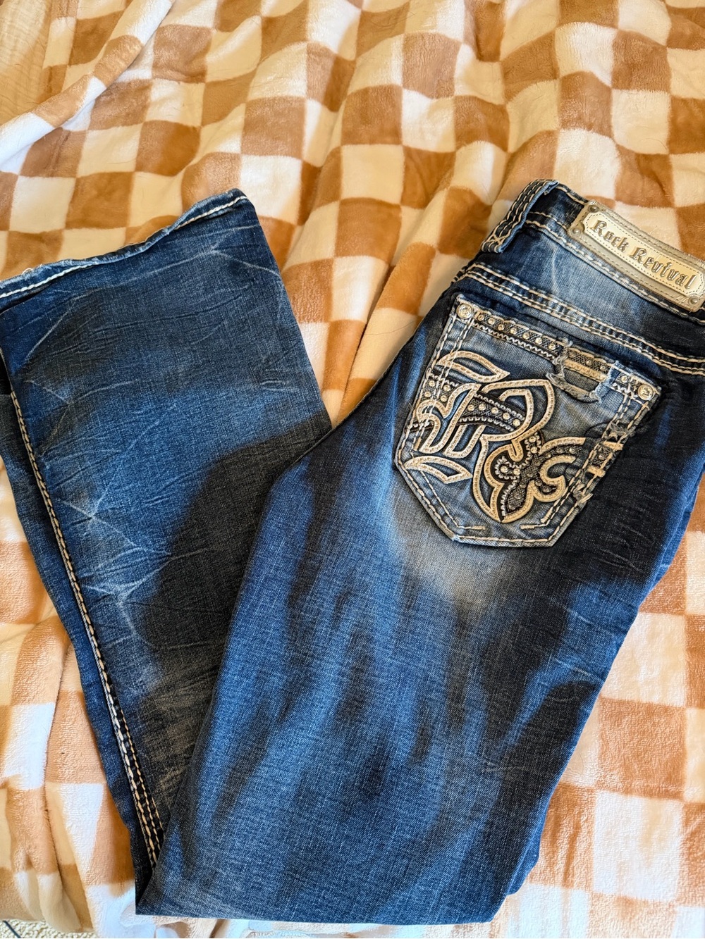 Rock Revival Dark Blue Jeans with Orange Embroidery